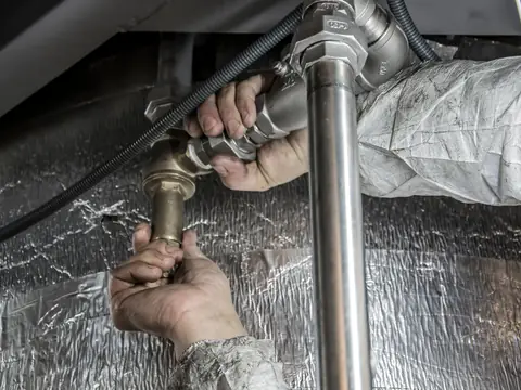 Hands tightening a fitting on a leaking pipe under a floor