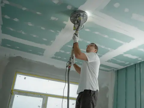 A worker sanding a patched drywall ceiling smooth in a bright room