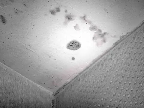 A white ceiling marked with dark water spots and stains around a light fitting