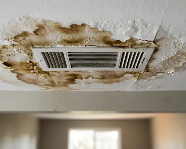 A brown water stain spreading across a white ceiling around an air vent, the paint bubbled and peeling
