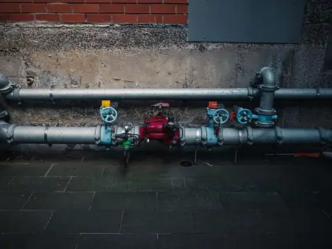 Pipes and valves running along a wall above the floor
