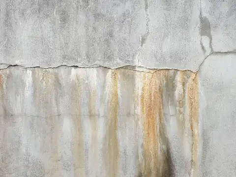 Brown water streaks running down a plastered wall from a leak above
