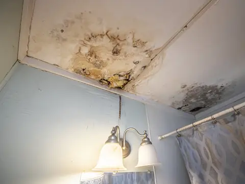 A brown water stain and peeling paint on a bathroom ceiling above a vanity light and a shower curtain