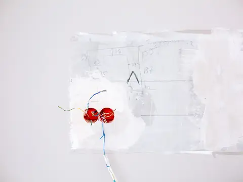 A wall opened and patched in places, the wiring showing through