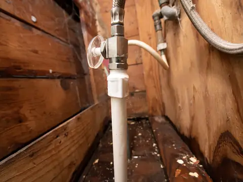 A water pipe and its fittings running through a tight space behind wooden boards